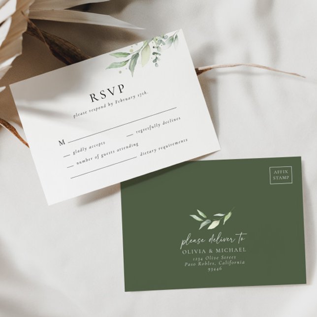 Boho Greenery Botanical Minimum Bröllop OSA Card Kort (RSVP Card Front/Back)