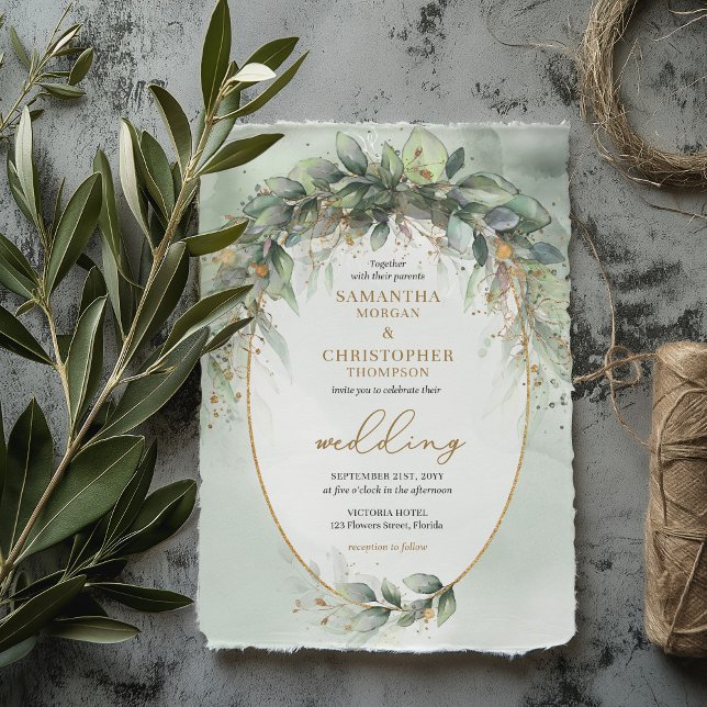 Boho greenery eucalyptus foliage guld bröllop inbjudningar (EDITABLE Trendy watercolor greenery eucalyptus gold frame wedding invitation template )