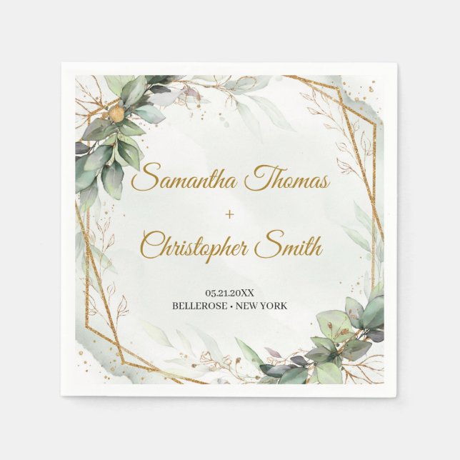 Boho greenery eucalyptus foliage guld bröllop pappersservett (Framsidan)