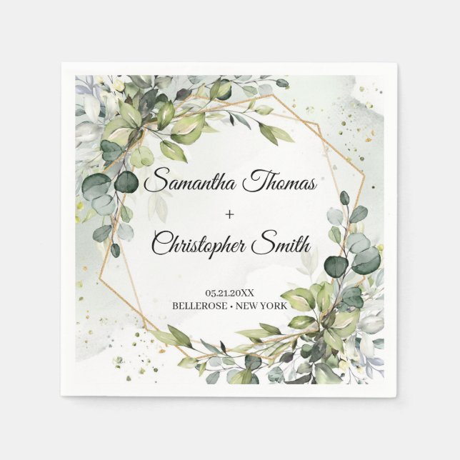 Boho greenery eucalyptus foliage guld bröllop pappersservett (Framsidan)