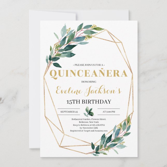 Boho greenery eucalyptus guld quinceanera inbjudningar (Framsida)