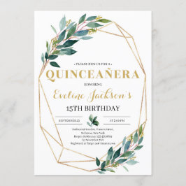 Boho greenery eucalyptus guld quinceanera inbjudningar