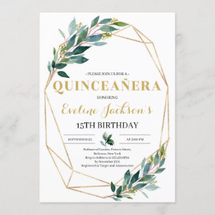 Boho greenery eucalyptus guld quinceanera inbjudningar