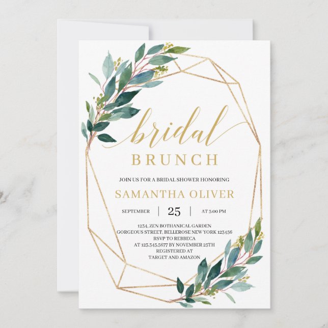 Boho greenery eucalyptus guld ram möhippa brunch inbjudningar (Framsida)