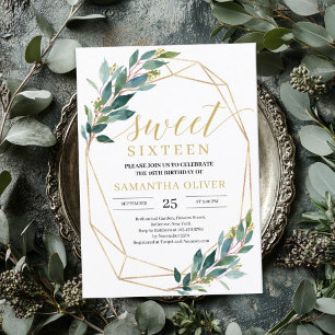 Boho Greenery eucalyptus guld ram sweet sixteen Inbjudningar