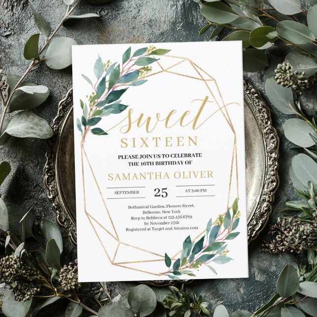Boho Greenery eucalyptus guld ram sweet sixteen Inbjudningar (Boho Greenery eucalyptus gold frame sweet sixteen Invitation)