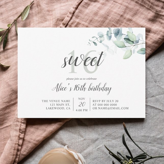 "Boho Greenery Eucalyptus Sweet 16 Inbjudningar (Skapare uppladdad)