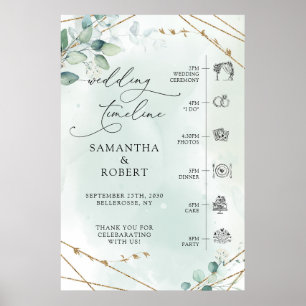 Boho Greenery Falskt Guld Ram Bröllopsschema Poster