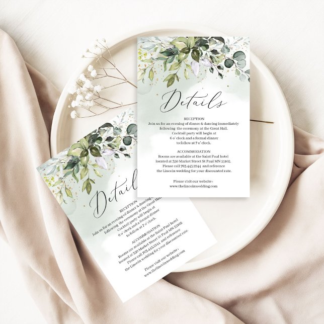 Boho greenery folaige leaves gold wedding details tilläggskort (Watercolor boho greenery foliage eucalyptus gold wedding details card editable template, Digital Pri)