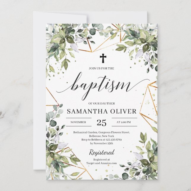 Boho Greenery foliage eucalyptus guld baptism Inbjudningar (Framsida)