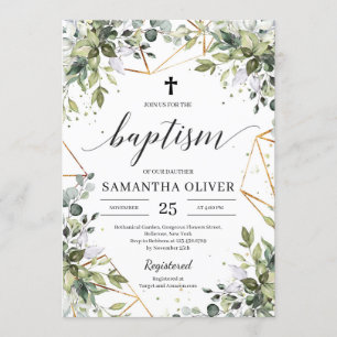 Boho Greenery foliage eucalyptus guld baptism Inbjudningar