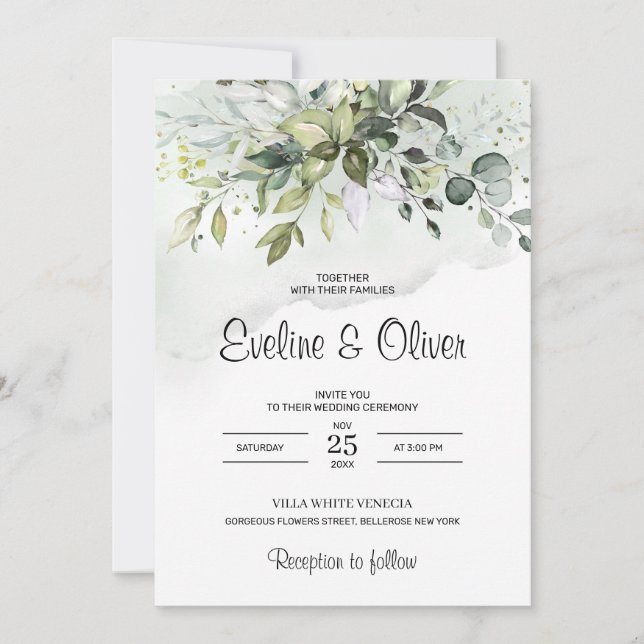 Boho greenery foliage eucalyptus pastel bröllop inbjudningar (Framsida)