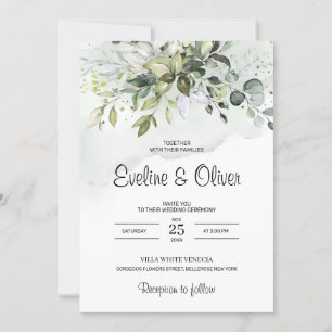 Boho greenery foliage eucalyptus pastel bröllop inbjudningar
