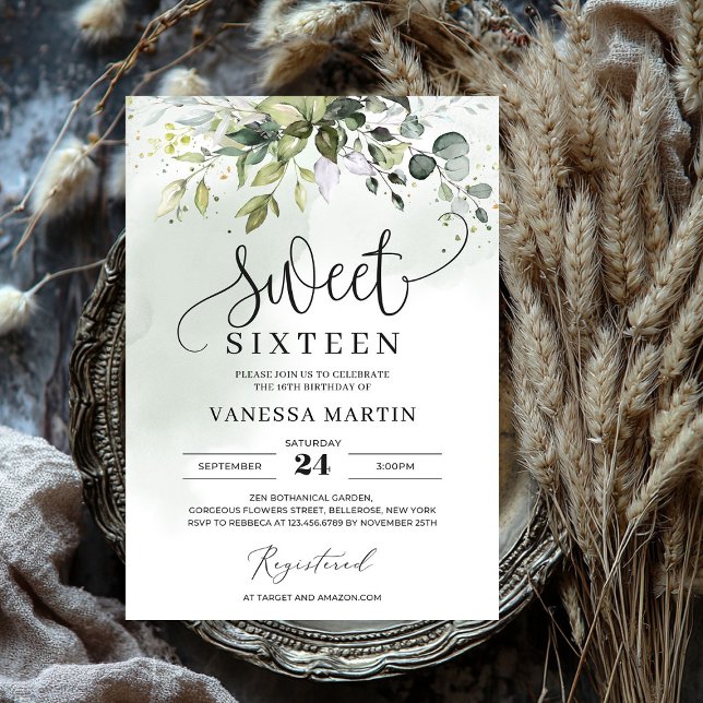 Boho greenery foliage eucalyptus sweet sixteen inbjudningar (Boho greenery foliage eucalyptus sweet sixteen invitation)