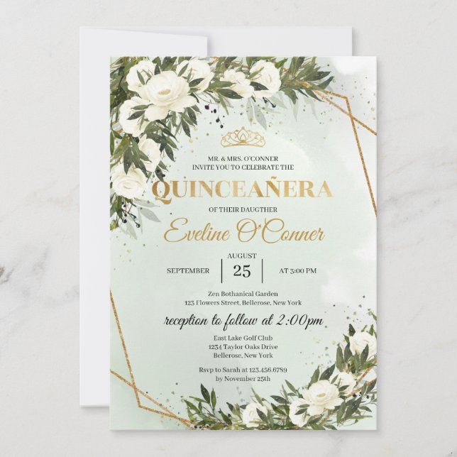 Boho Greenery foliage guld krona Quinceañera Inbjudningar (Framsida)