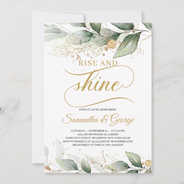 Boho Greenery foliage löv guld stiga upp och shine Inbjudningar (Framsida)