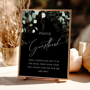 Boho Greenery och Guld Black Photo Guest Bok Sign Poster