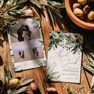 Boho Greenery Olive Watercolor 3 Photo Bröllop Inbjudningar