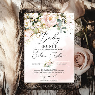Boho greenery rosa blommigt guld baby brunch inbjudningar