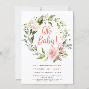 Boho greenery rosa ros, vita vattenvägar Oj Baby Inbjudningar