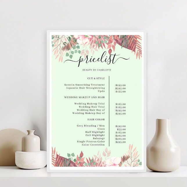 Boho Greenery Salon Pris List Poster (Boho Greenery Salon Price List Poster)