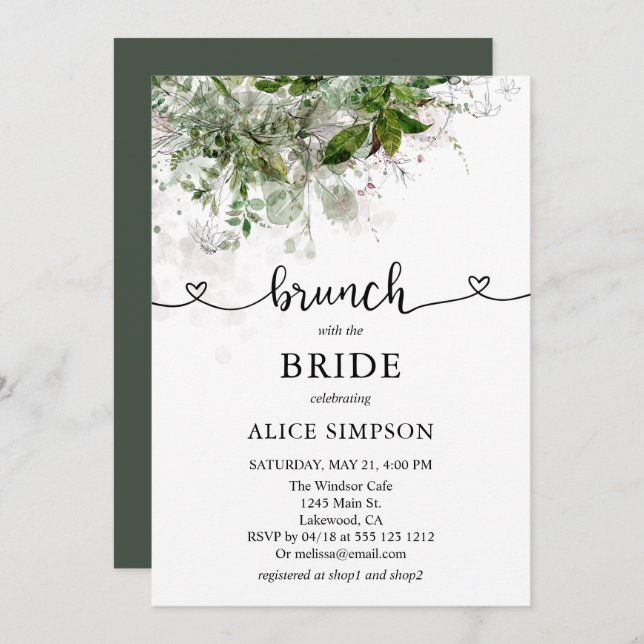 Boho Greenery Script Heart Brunch Möhippa Inbjudningar (Fram/baksida)