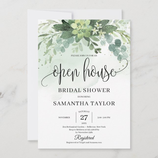 Boho Greenery Succulent Foliage Open House Möhippa Inbjudningar (Framsida)