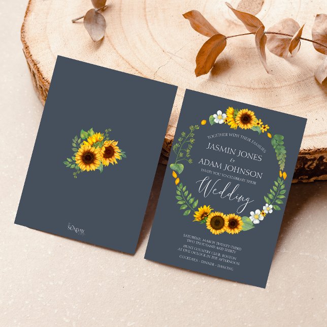 Boho Greenery Sunblomma Royal Blue Bröllop Inbjudningar (Rustic Yellow and Navy Blue Sunflower Boho Wedding Invitation)