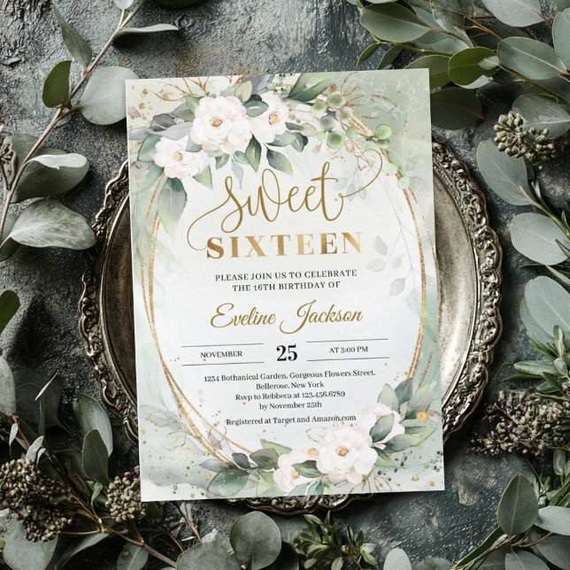 Boho Greenery vit ros guld foil oval, söt 16 Inbjudningar (Greenery white roses gold foil oval sweet 16 invit invitation)