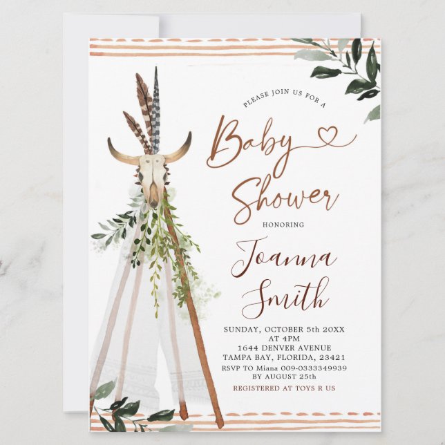 Boho Greneery Animal Skull Teepee Baby Shower Inbjudningar (Framsida)