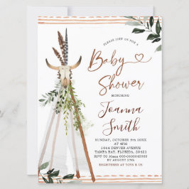 Boho Greneery Animal Skull Teepee Baby Shower Inbjudningar