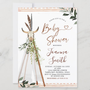 Boho Greneery Animal Skull Teepee Baby Shower Inbjudningar