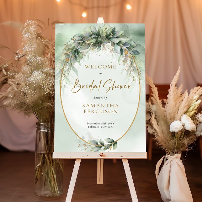 Boho grey foliage guld Möhippa Välkomna Poster (Elegant botanical green eucalyptus gold geometric bridal shower welcome sign)