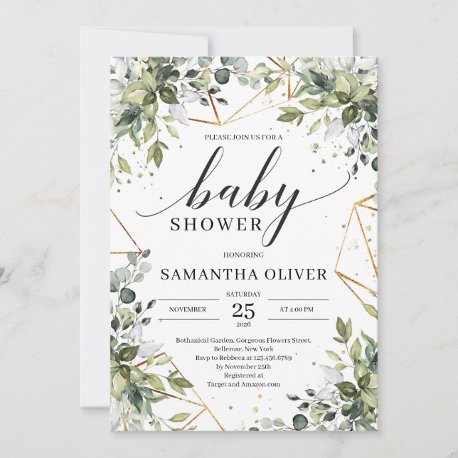 Boho grey foliage och babyduschen guld ram inbjudningar (Framsida)