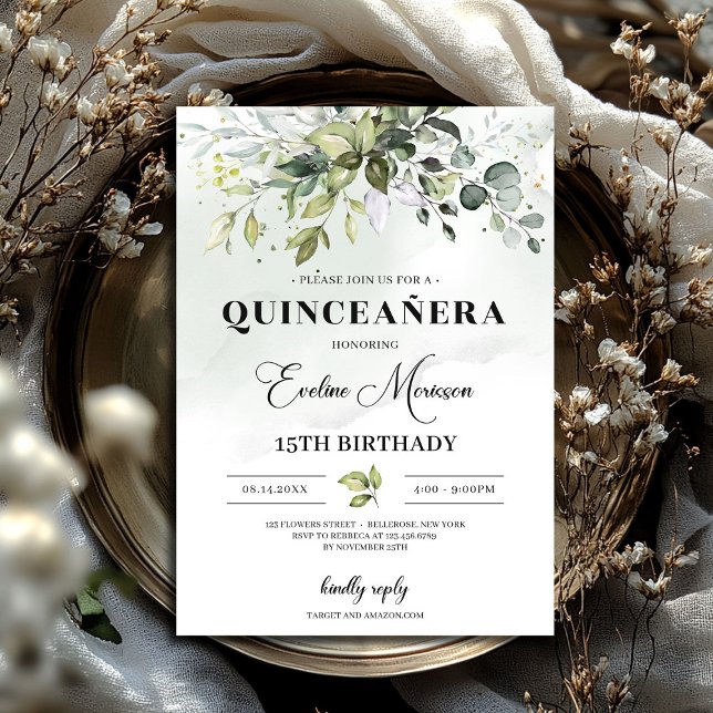 Boho grey foliage quinceanera 15-årsdagen inbjudningar (Boho greenery foliage quinceanera 15th birthday invitation)