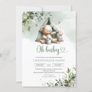 Boho grey gender neutral nalle i tält inbjudningar