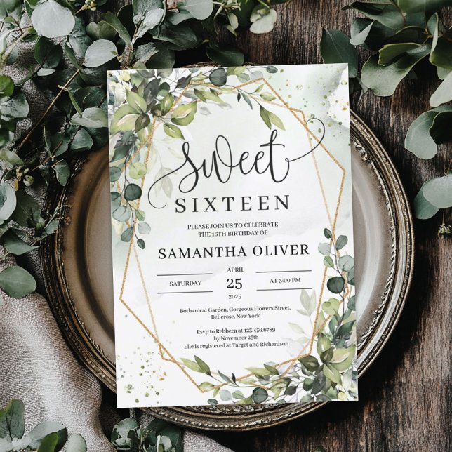 Boho grey löv guld geometric sweet sixteen inbjudningar (Boho greenery leaves gold geometric sweet sixteen invitation)