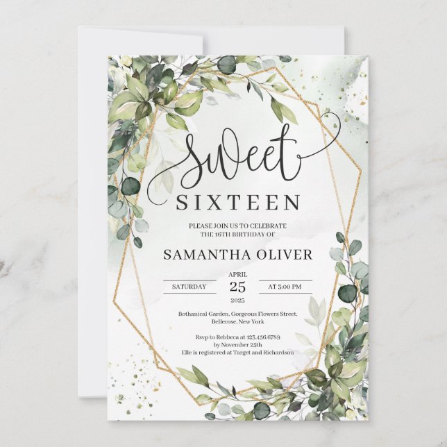 Boho grey löv guld geometric sweet sixteen inbjudningar (Framsida)