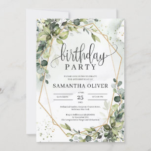 Boho grey löv guld geometrisk födelsedagsfest inbjudningar