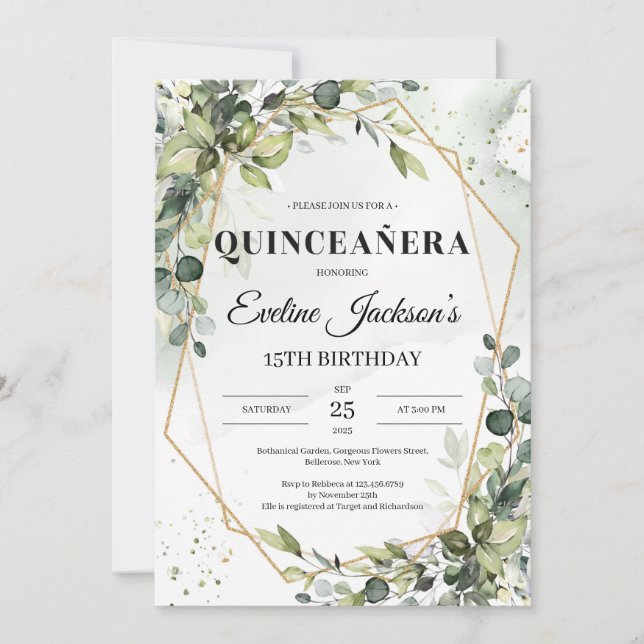 Boho grey löv guld ram quinceanera inbjudningar (Framsida)