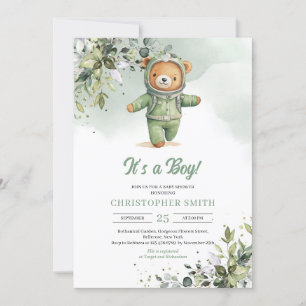 Boho grey nalle astronaut könsneutral inbjudningar