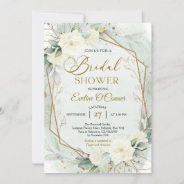 Boho grey och vita blommor faux guld ram inbjudningar