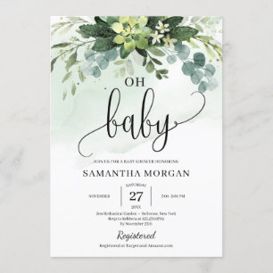 Boho grey succulage foliage blommigt oh baby inbjudningar