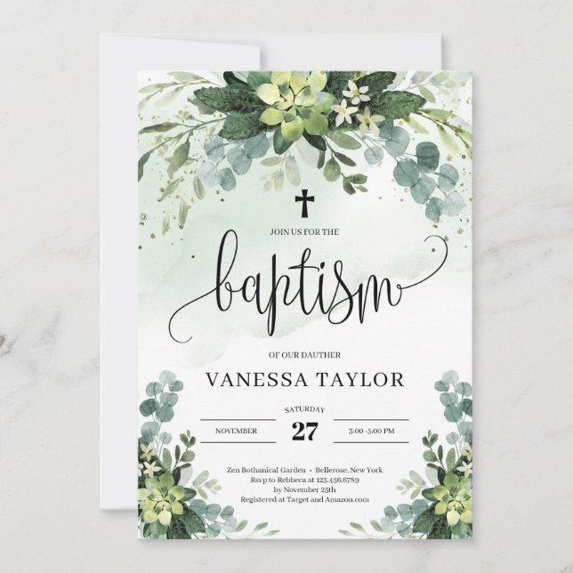 Boho grey succuly blomma foliage baptism inbjudningar (Framsida)