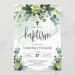 Boho grey succuly blomma foliage baptism inbjudningar