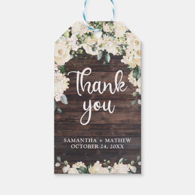 Boho grey white blommigt ro wood rustic presentetikett (Framsidan)