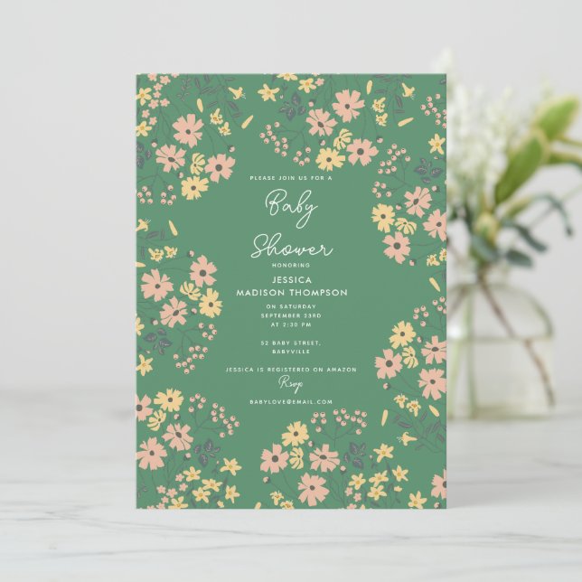 Boho Grön Blommig Könsneutral Bebis Shower Inbjudningar (Stående Fram)