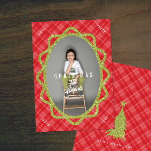 Boho Grön Glitter & Plaid Oval Foto Jul Julkort