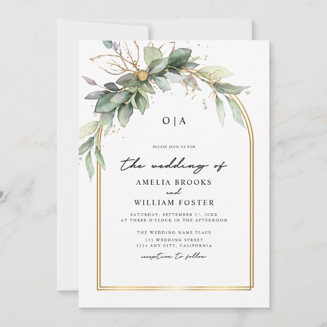 Boho Grön & Guld Eukalyptus Monogram Bröllop Inbjudningar (Framsida)