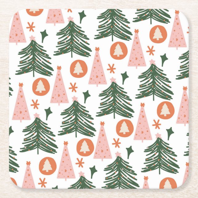 Boho Grön Rosa Orange Julgranar  Underlägg Papper Kvadrat (Framsidan)